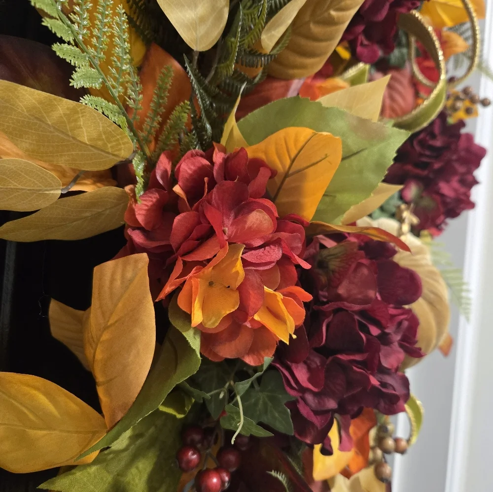 Gorgeous Hand Crafted Autumn Harvest Wreath with Burgundy and Gold Accents